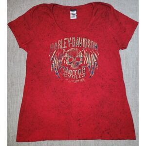 Harley Davidson Graphic T-Shirt Women XL Red Acid Wash Skull Wings Black Widow